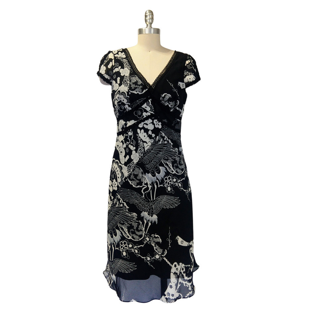 Vintage 2000s Black Midi Dress Size 10P Black Asian Print Beyer Y2K Bias Slip - Picture 2 of 10